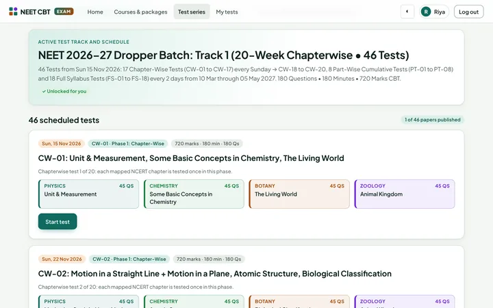 The Sunday test calendar with each paper's chapters